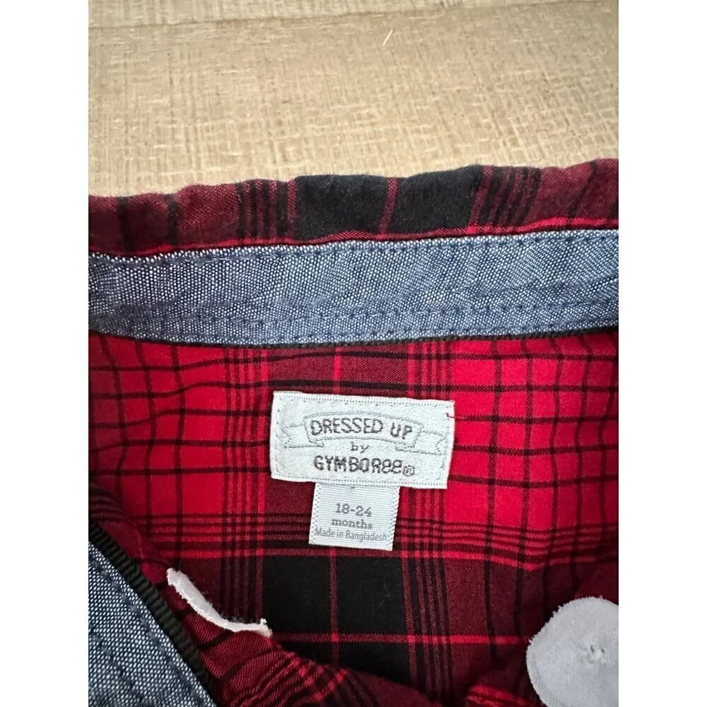 Gymboree Red Plaid Shirt & Grey Pants With Suspenders Set 18-24 Months